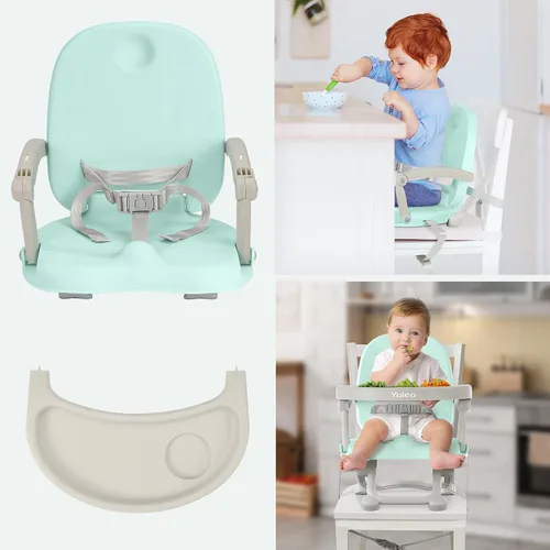 Vista 6 de YOLEO Silla alta para bebé, asiento elevador para mesa de comedor, sillas altas plegables con alturas ajustables, asiento elevador de viaje con Verde