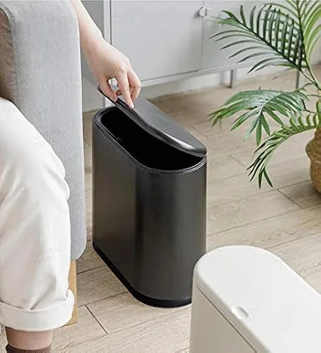 Vista 5 de Sooyee - Contenedor de basura de plástico rectangular con tapa a presión, para baño, tocador, dormitorio, cocina, taller, oficina, 10 litros, negro