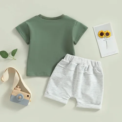 Vista 98 de Conjunto de traje de verano para bebé niño pequeño, manga corta, cuello redondo, letras impresas, lindo traje de verano, conjunto de 2 piezas