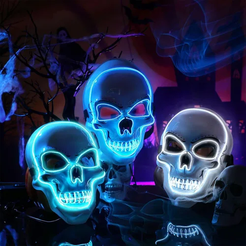 Vista 3 de [Usado] Liliful 3 máscaras de Halloween con luces LED de calavera aterradora con alambre electroluminiscente, 3 modos intermitentes, accesorios