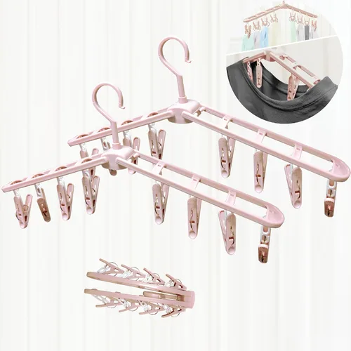 Vista 9 de Perchas plegables de viaje para ropa con clips, estantes de secado de ropa, calcetines de lencería de plástico antideslizante para faldas, perchas