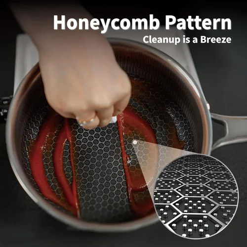 Vista 3 de Cacerola híbrida antiadherente de 1.5 cuartos de galón con tapa, olla de panal de acero inoxidable con dos boquillas de vertido, compatible