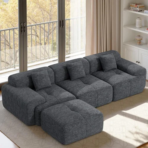 Vista 14 de Sofá modular convertible en forma de L de 122", sofá seccional tipo nube con otomán, sofás de chenilla sin estructura de 4 plazas para sala de Beige