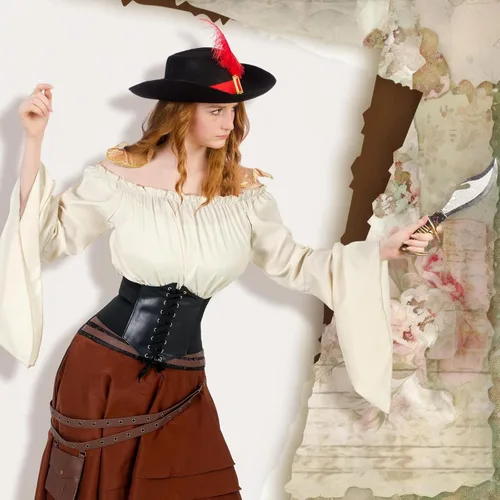 Vista 4 de Newcotte 3 piezas de disfraces renacentistas de Halloween para mujer, falda gótica, falda pirata, pirata, medieval, corsé