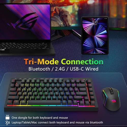 Vista 5 de Redragon Combo de teclado y mouse inalámbricos para juegos, Bluetooth2.4GUSB-C con cable, retroiluminación RGB, teclado macro de membrana recargable