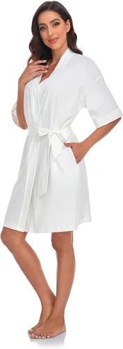 Vista 98 de COLORFULLEAF Bata de baño de manga corta para mujer, 100% algodón, longitud hasta la rodilla, con bolsillos
