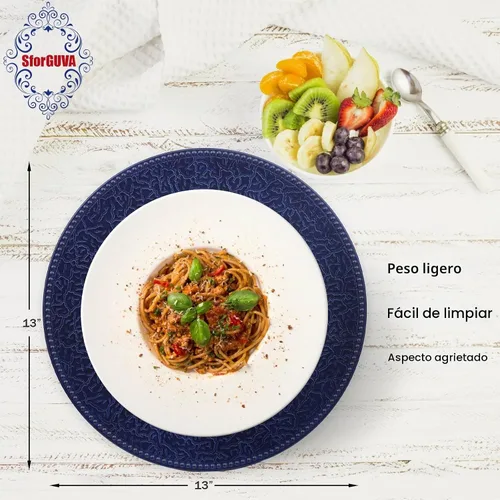 Vista 4 de Platos de carga azul marino con bordes abalorios, juego de 6 platos de plástico para bodas a granel para platos de cena, decoración de mesa
