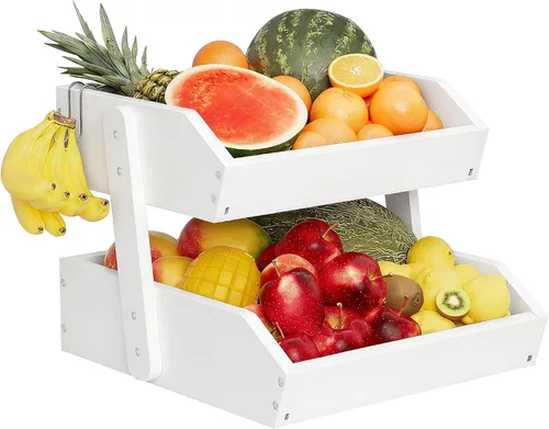 Vista 14 de Cesta de frutas de bambú de 2 niveles para encimera de cocina, encimera de almacenamiento de frutas de gran capacidad, soporte para frutas
