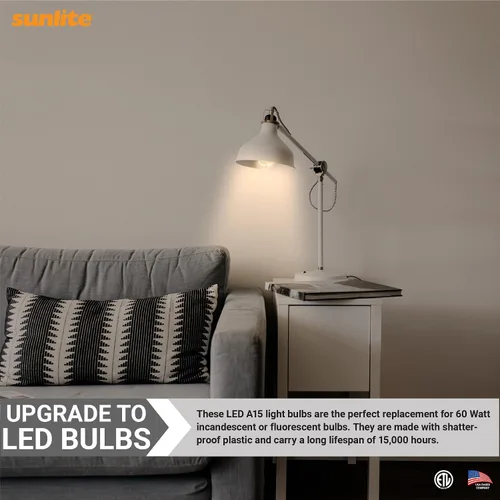 Vista 5 de Sunlite Bombilla LED A15 E17, bombillas de base intermedia, 6 vatios (equivalente a 40 W), 480 lúmenes, regulable, para ventilador de techo