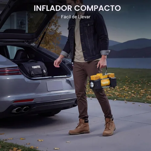Vista 6 de YUNGTEE Inflador de neumáticos portátil, compresor de aire de doble cilindro de 12 V 150 PSI Luz de emergencia LED, manguera de extensión de 11
