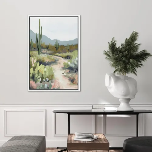 Vista 2 de SIGNFORD Lienzo enmarcado para pared, camino del desierto con cactus, naturaleza silvestre, ilustraciones modernas, arte decorativo, rústico