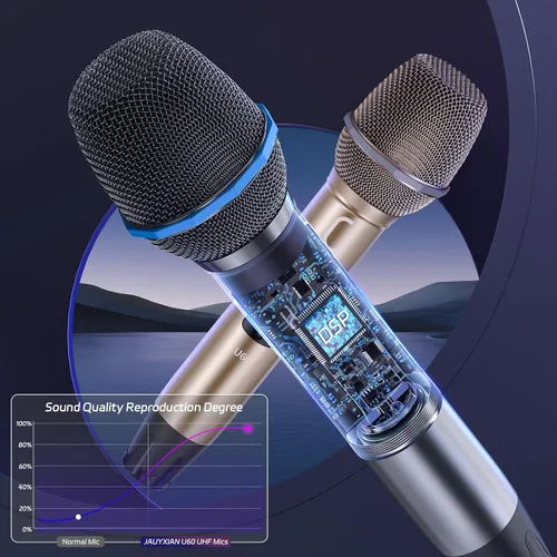 Vista 2 de JAUYXIAN Micrófonos inalámbricos U60, sistema de micrófono dual UHF con receptor recargable, micrófono de karaoke de metal para cantar, boda, DJ
