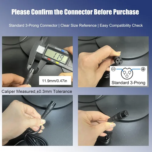 Vista 2 de Cargador de 24 V, cable de repuesto de adaptador de corriente alterna de 6.6 pies No es compatible con hoverboards. Enchufe estándar de 3 clavijas