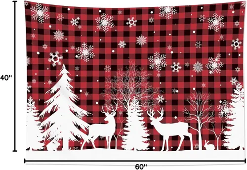 Vista 6 de HVEST Tapiz de nieve de invierno para colgar en la pared, diseño de ciervo y conejo blanco sobre fondo a cuadros rojos y negros, tapiz de copo