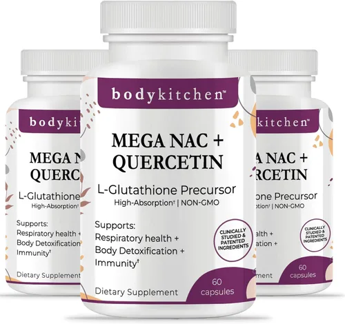 Vista 9 de Body Kitchen Mega NAC (N-acetil cisteína) 600 mg con quercetina, apoya la salud respiratoria y la función inmune y promueve la desintoxicación