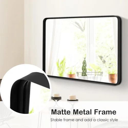 Vista 9 de Tangkula Espejo de baño de 36 x 24 pulgadas para pared, espejo moderno rectangular con marco de acero sólido y esquinas redondeadas, espejo