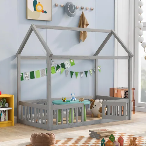 Vista 3 de Cama de casa individual para niños con barandillas de valla, marco de cama Montessori de madera tamaño individual con puerta pequeña para niños