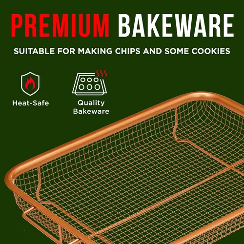Vista 4 de Bakken Swiss - Bandeja para freidora de aire, 2 en 1, antiadherente, de cobre, con malla elevada, ideal para horno, para hornear y alimentos