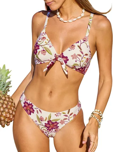 Vista 38 de CUPSHE - Conjunto de bikini de dos piezas para mujer, estampado floral y detalle de nudo de conejo