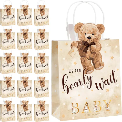 Vista 9 de Tinlade - 16 bolsas de regalo de oso para baby shower, We Can Bearly Wait, bolsas de regalos con asas, para baby shower, regalos para recién Azul
