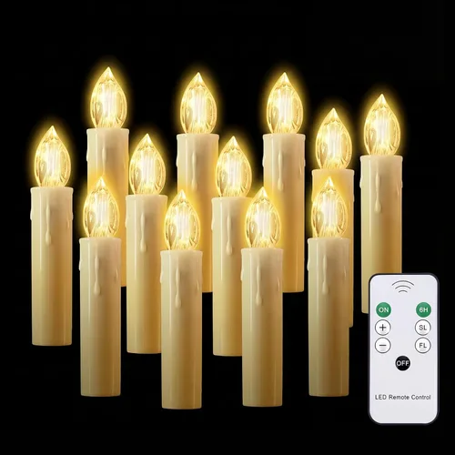 Vista 9 de JOSU Velas sin llama, 12 luces LED parpadeantes, funciona con pilas, con temporizador y clips remotos, velas cónicas de ventana blanca cálida