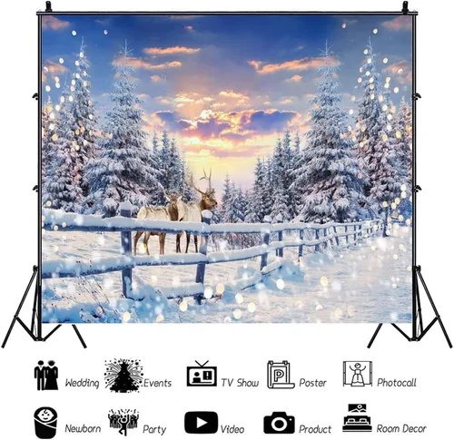 Vista 3 de Telón de fondo de fotografía de invierno, 10 x 8 pies (118.1 x 94.5 in), pancarta de bosque de nieve, ciervos, decoración de fiesta de Navidad