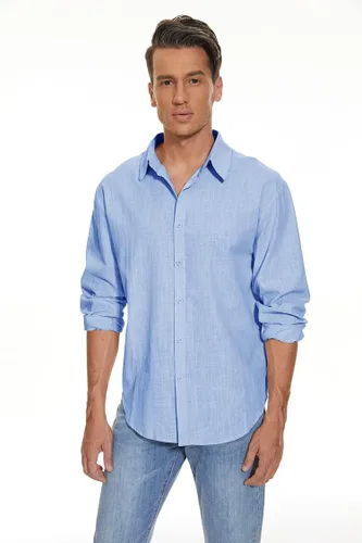 Vista 4 de Camisas de algodón y lino de manga larga para hombre, con botones, para playa, yoga, informal, para verano
