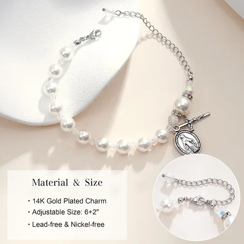 Vista 6 de C-leen Regalos de primera comunión para niñas, pulsera de cruz para la primera comunión, regalos religiosos para adolescentes, regalos