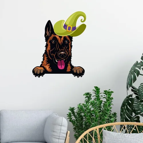Vista 2 de Calcomanías de pared de Halloween con diseño de brujas y malinois, calcomanías de Halloween con texto en inglés "Happy Halloween" para decoración