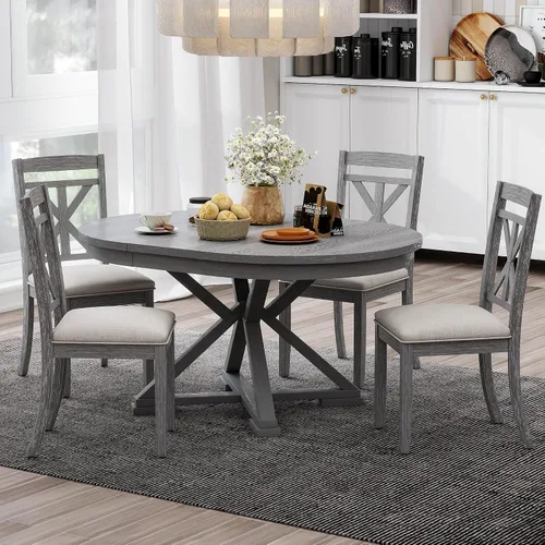 Vista 10 de Harper & Bright Designs Juego de mesa de comedor redonda de 5 piezas, juego de mesa de comedor retro con mesa redonda extensible y 4 sillas