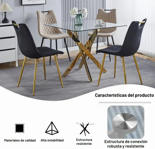 Vista 6 de Mesa de comedor cuadrada de 36 pulgadas para 2, 3, 4 personas, mesa de comedor moderna con patas de metal cromado dorado en forma de X, mesa