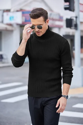 Vista 3 de COOFANDY Suéter de cuello alto ajustado para hombre, suéter de punto acanalado de cuello alto