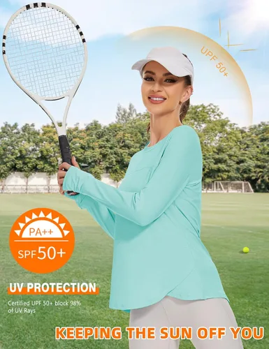 Vista 2 de Blingfit Camisas de entrenamiento para mujer, camisetas atléticas de manga larga UPF 50+, camisetas de protección solar con agujero para el pulgar