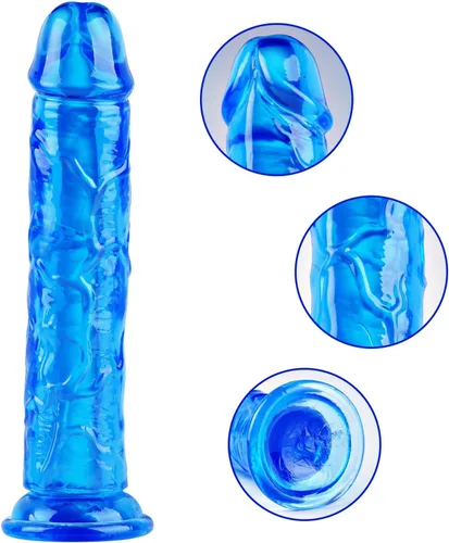 Vista 4 de Consolador pequeño realista de 7 pulgadas, juguete sexual realista de TPE azul, para principiantes, pene delgado sin bola con fuerte ventosa, bonito
