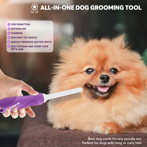 Vista 6 de Peine desenredante para mascotas para perros y gatos con dientes metálicos largos y cortos de acero inoxidable para eliminar enredos y nudos.