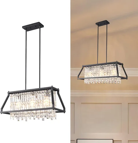 Vista 20 de LMQNINE Modernas lámparas colgantes negras para isla de cocina, lámpara de araña de cristal, iluminación colgante ajustable de granja para comedor