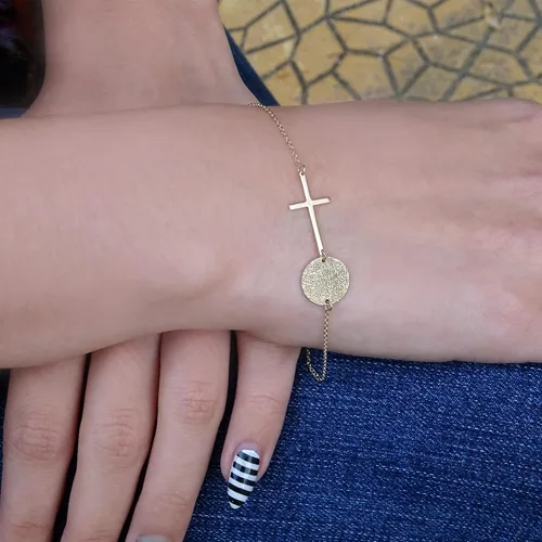 Vista 3 de Pulsera hecha a mano de la cruz de la huella dactilar del oro sólido, pulsera conmemorativa de la huella dactilar, pulsera del grabado de la huella