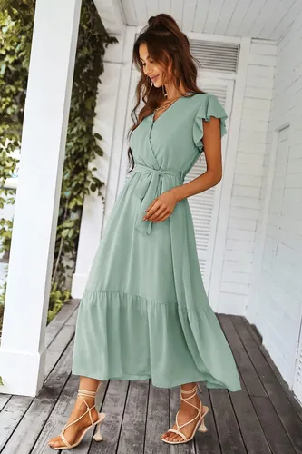 Vista 7 de PRETTYGARDEN - Vestido floral de verano para mujer, cruzado, con cuello en V, manga corta, con cinturón, dobladillo con volantes, acampanado