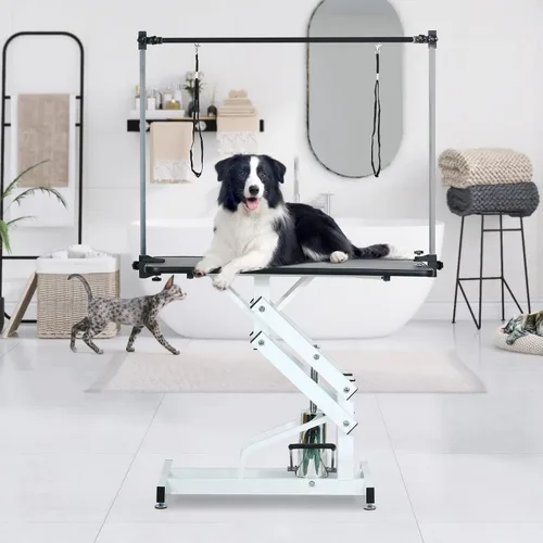 Vista 9 de Mesa de aseo profesional ajustable para mascotas, de 42 pulgadas, resistente, con brazo y bandeja de malla para perros y gatos, capacidad máxima
