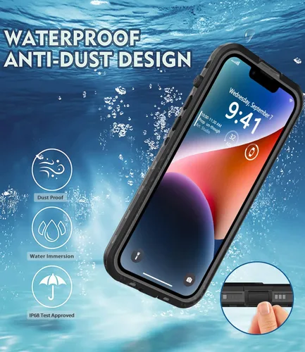 Vista 3 de Funda impermeable para iPhone 14, a prueba de golpes, a prueba de polvo, protector de pantalla integrado, anillo magnético negro