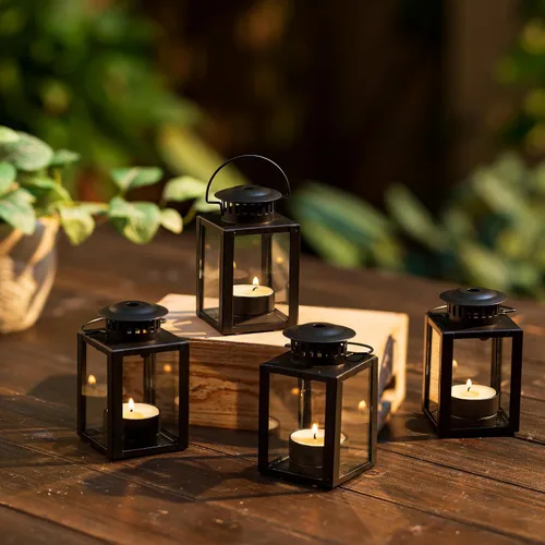 Vista 4 de Pequeño farol negro decorativo para exteriores, juego de 4