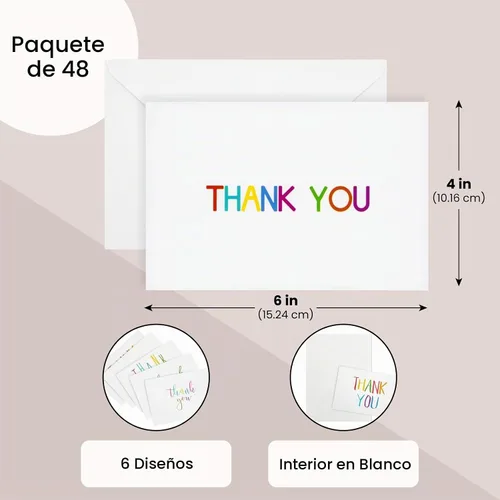 Vista 10 de Juvale Thank You Cards with Envelopes - Bulk Blank Thank You Notes & Cards for Kids & Adults - 6 Assorted Rainbow Designs - White, 48 Pack, 4 x 6 In