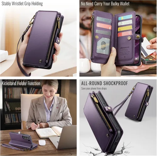 Vista 4 de Defencase Funda compatible con Samsung Galaxy S22 Plus con tarjetero de bloqueo RFID para mujer, de piel sintética, cierre magnético, cierre