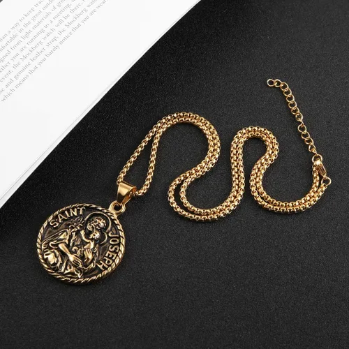 Vista 5 de Saint Joseph Collar de acero inoxidable con medalla de los santos patronos católicos, regalo de bendiciones de medallón de viajero