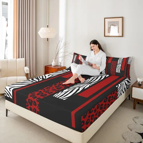 Vista 2 de Sábana bajera ajustable con estampado de leopardo, tamaño individual, juego de ropa de cama rústica con rayas de piel de cebra, decoración