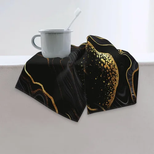 Vista 6 de Juego de 2 toallas de mano de baño con textura de mármol, suaves, absorbentes, negras y doradas, toallas decorativas para baño, cocina, deportes