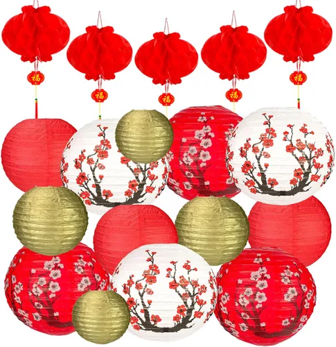 Vista 11 de Paquete de 26 faroles de papel para decoración de Año Nuevo chino 2026, faroles de papel colgantes japoneses rojos de 12 pulgadas y 8 pulgadas