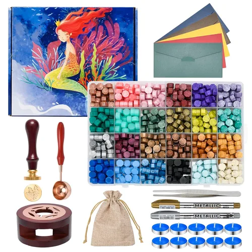 Vista 9 de Kit de sellos de cera – 630 cuentas de cera, caja de regalo, calentador, bolígrafos metálicos, sobres, juego de sellos para regalos y decoración