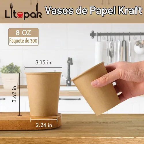 Vista 2 de LITOPAK - Paquete de 300 tazas de café desechables, vasos de papel kraft de 8 onzas 300-KRAFT-8OZ