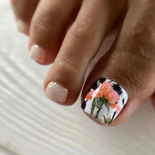 Vista 17 de Uñas postizas acrílicas artificiales negras para los dedos de los pies, ataúd a presión con diseños de flores blancas, uñas postizas reutilizables